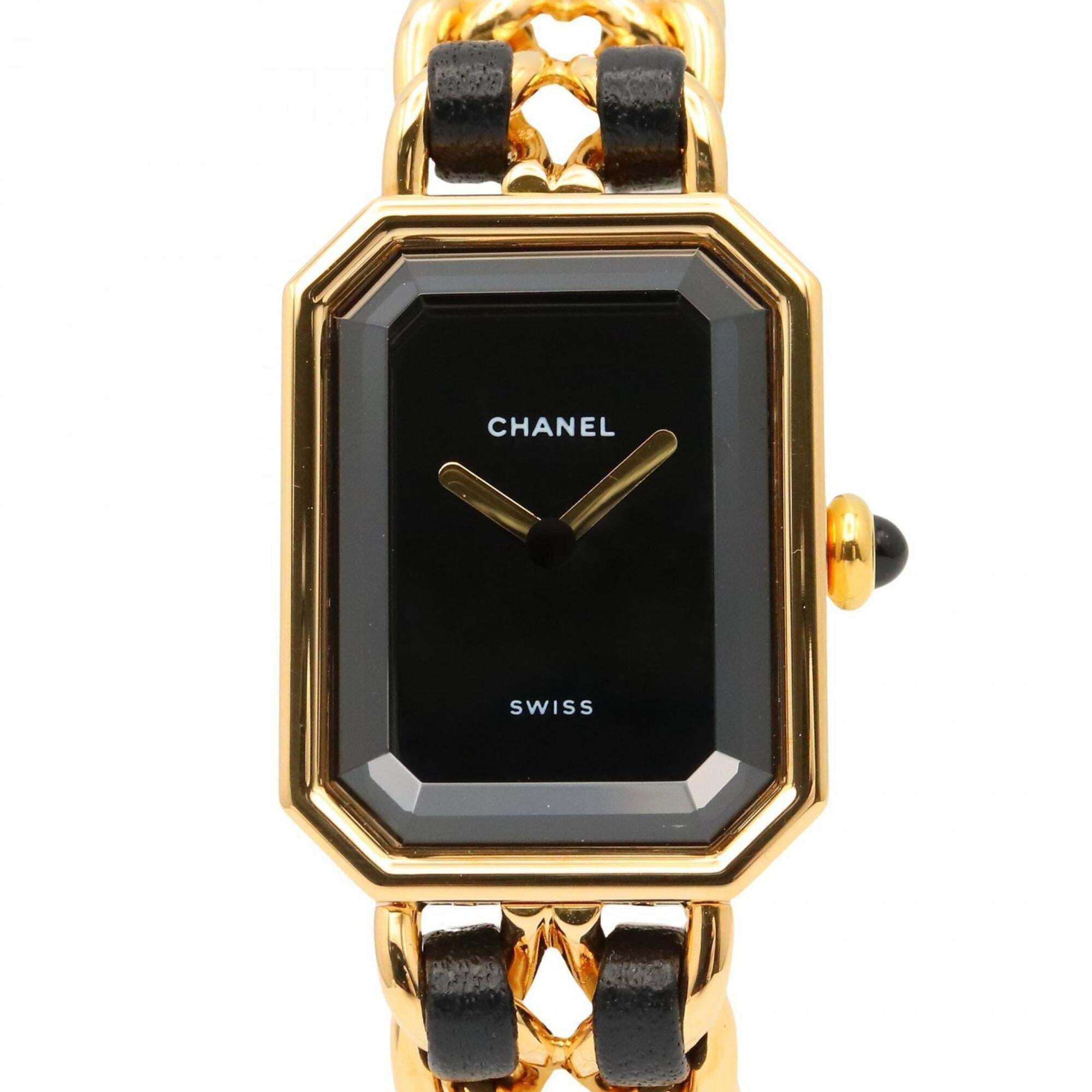 Chanel Premiere S Watch GoldPlated With Leather Strap Black Womens H0001